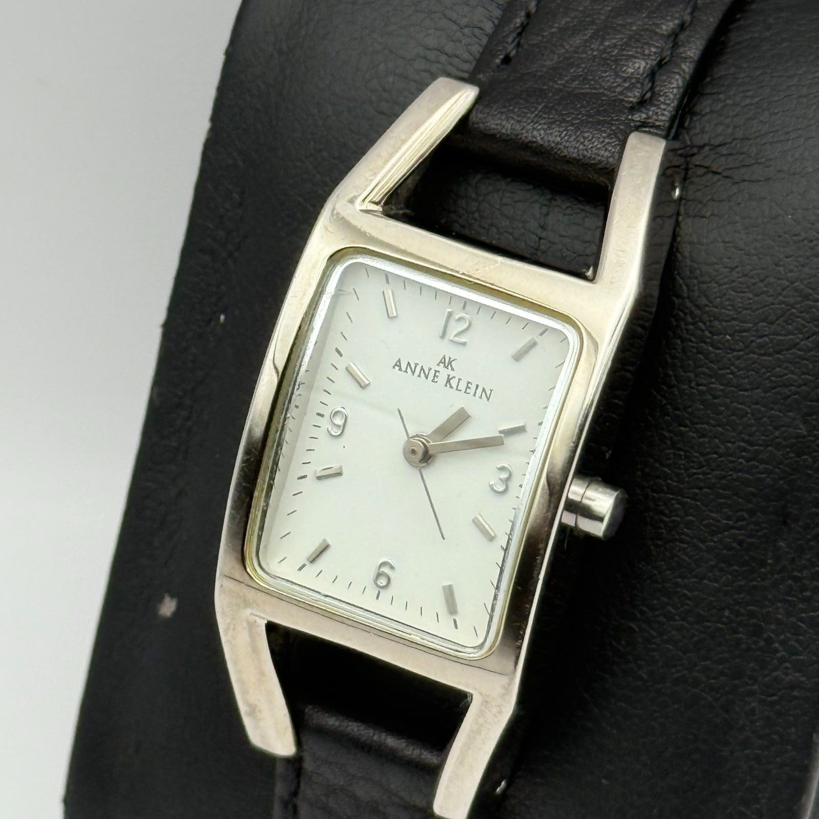 Anne Klein Ladies Quartz Watch White Dial Black Leather Strap Japan Working 18mm