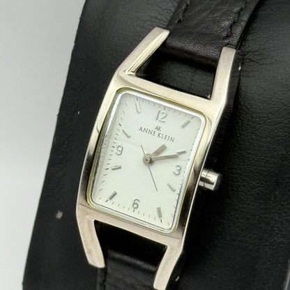 Anne Klein Ladies Quartz Watch White Dial Black Leather Strap Japan Working 18mm