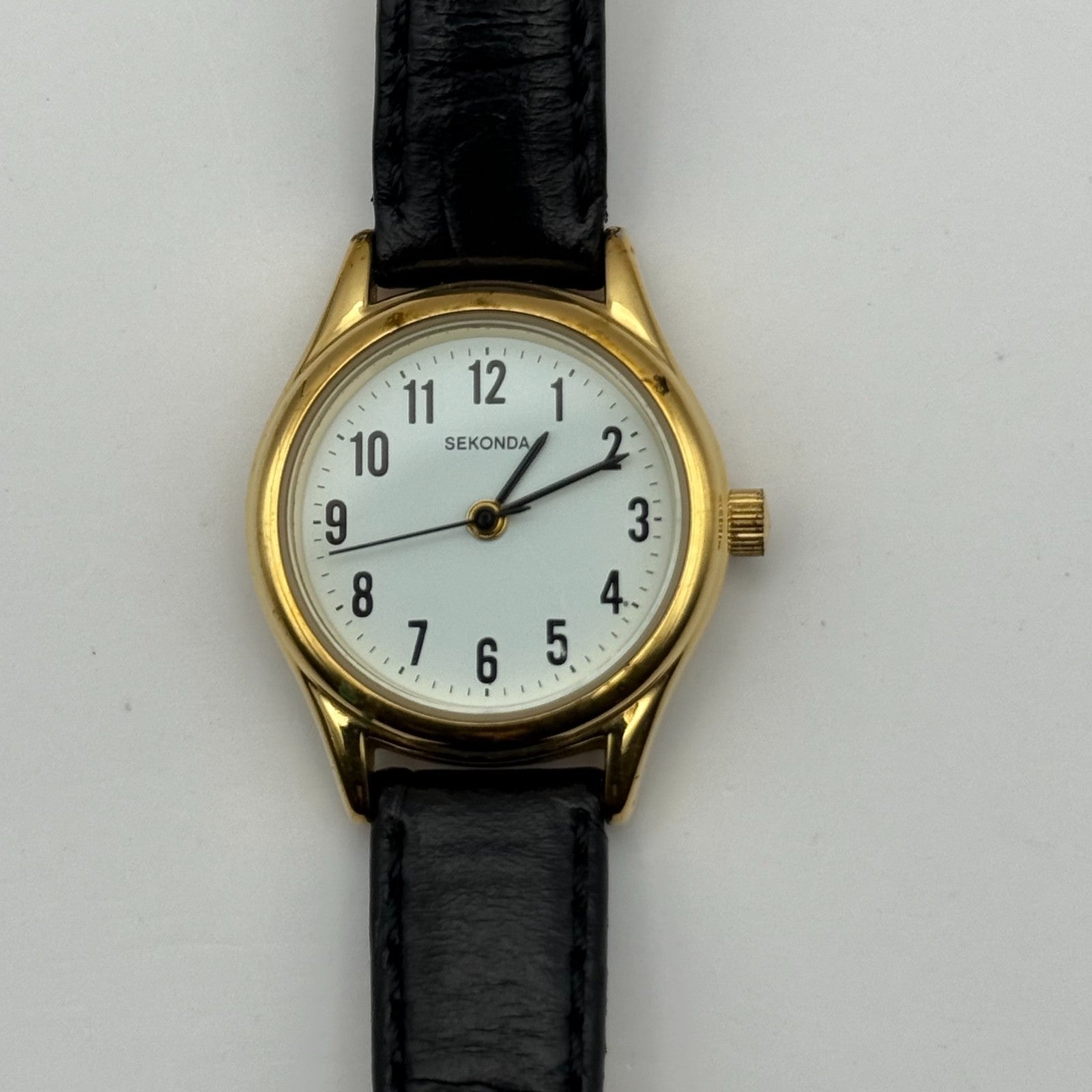 Sekonda Ladies Quartz Watch Gold Tone White Dial Leather Strap Working 25mm