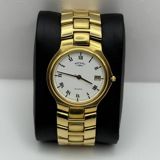 Rotary Unisex Quartz Watch White Date Dial Gold Tone Bracelet 33mm PARTS REPAIR