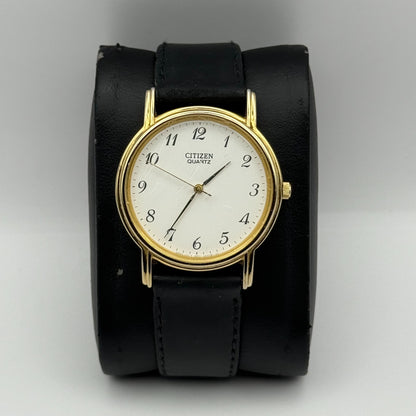 Citizen Ladies Quartz Watch Gold Tone White Dial Black Strap Japan Working 33mm
