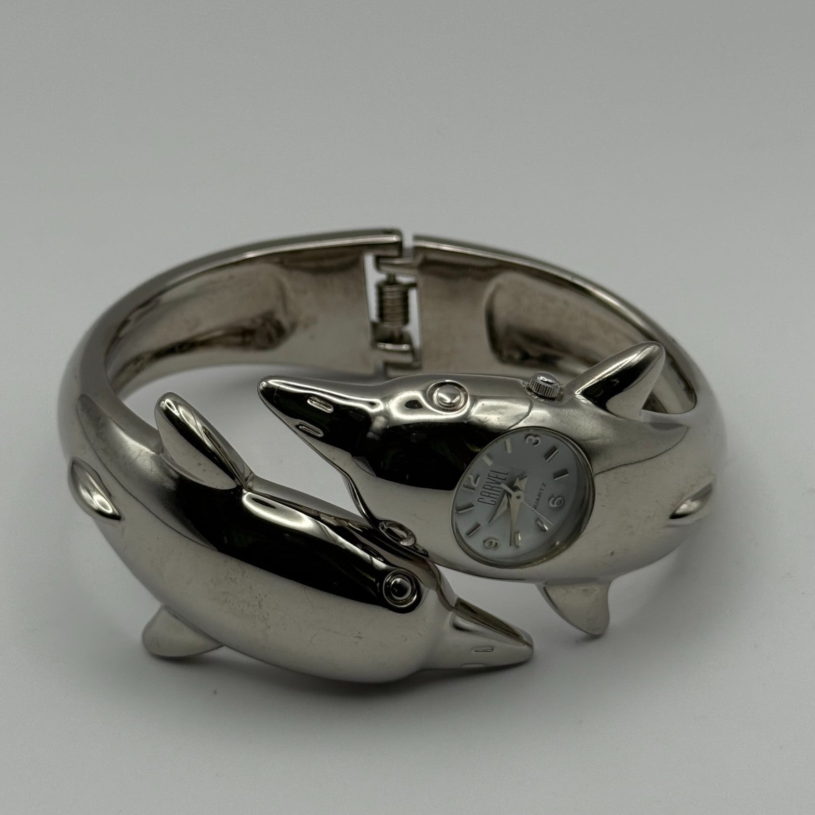 Carvel Ladies Dolphin Bangle Watch Quartz Silver Tone Working 20mm 5.5 Inches