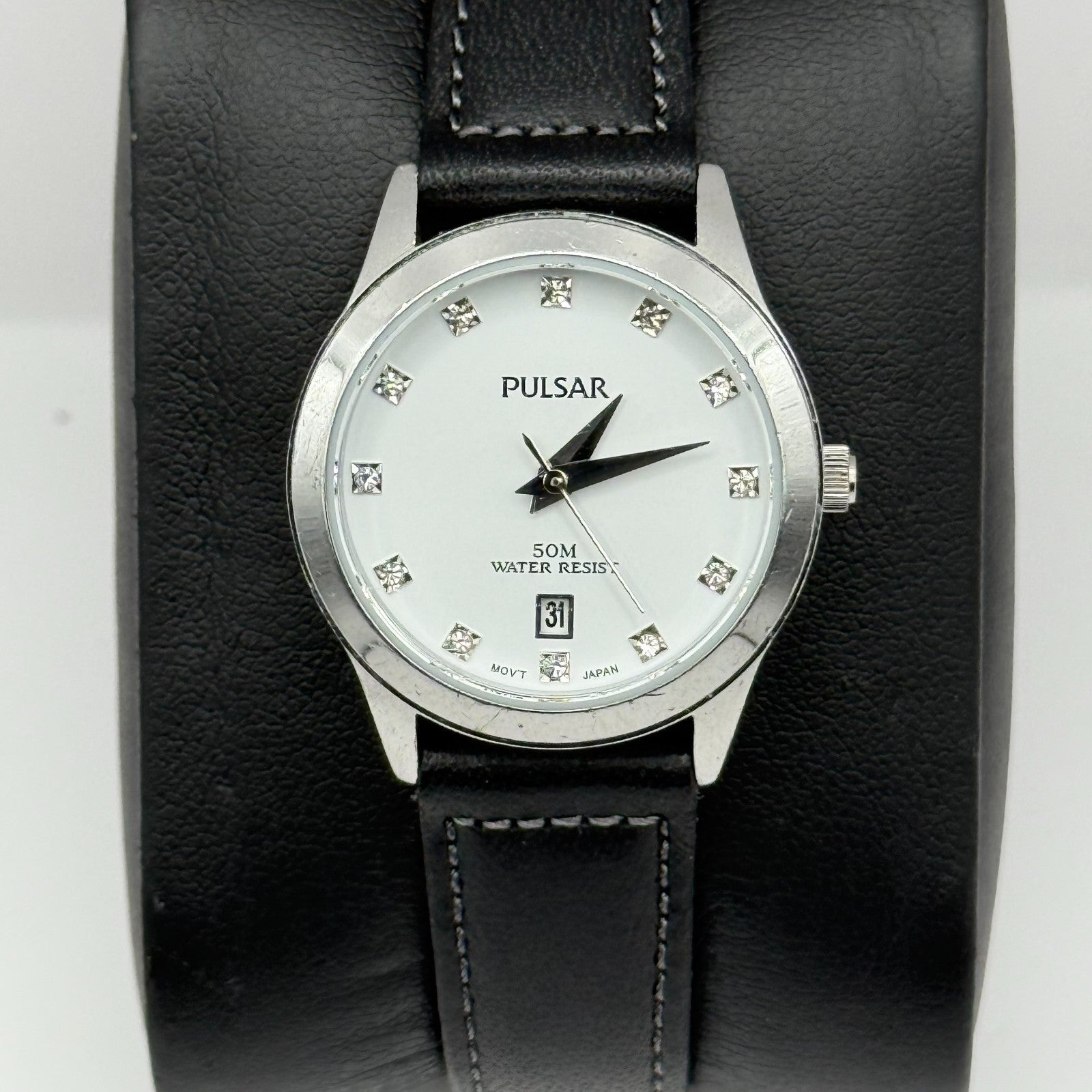 Pulsar Ladies Quartz Watch Date Dial Diamond Markers Leather Strap Working 27mm