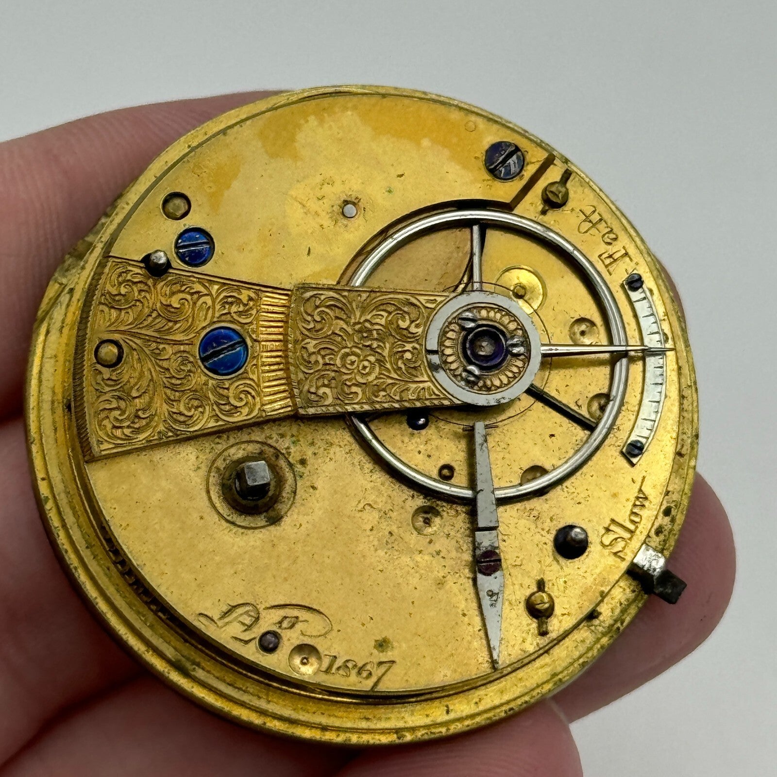44.3mm Antique Unidentified Fusee Balance Intact Pocket Watch Movement PARTS