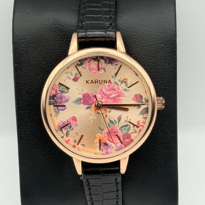 Kahuna Ladies Quartz Watch Floral Dial Black Leather Strap Working 30mm