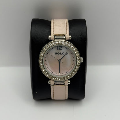 Solo Ladies Quartz Watch MOP Dial Crystal Accents Leather Strap Working 33mm