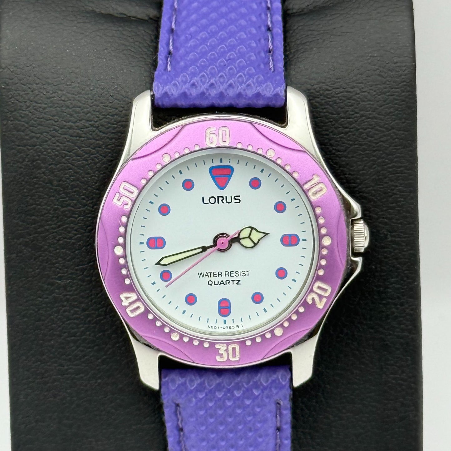 Lorus Quartz Watch White Dial Purple Strap Bezel Japan Working 26mm New Battery