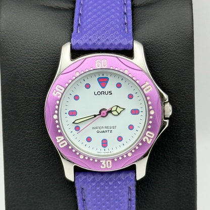 Lorus Quartz Watch White Dial Purple Strap Bezel Japan Working 26mm New Battery