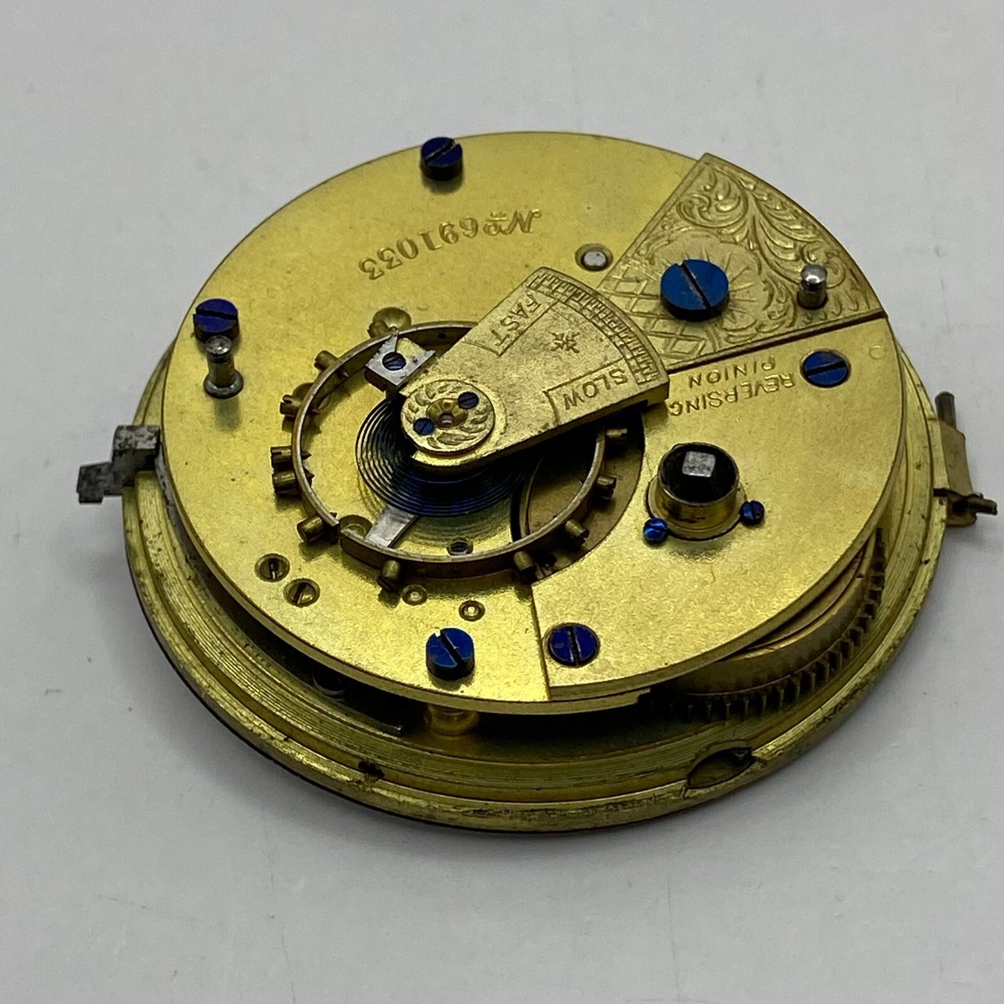 44.6mm Antique Key Wound Reversing Pinion Pocket Watch Movement PARTS REPAIR