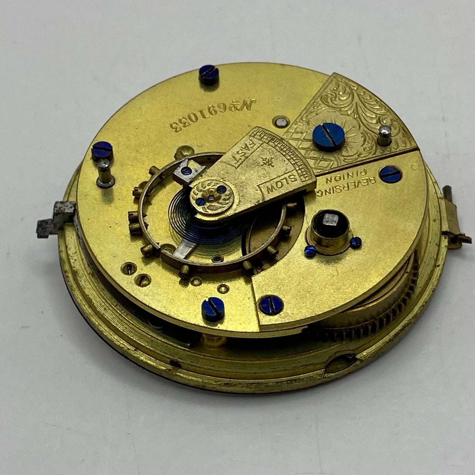 44.6mm Antique Key Wound Reversing Pinion Pocket Watch Movement PARTS REPAIR