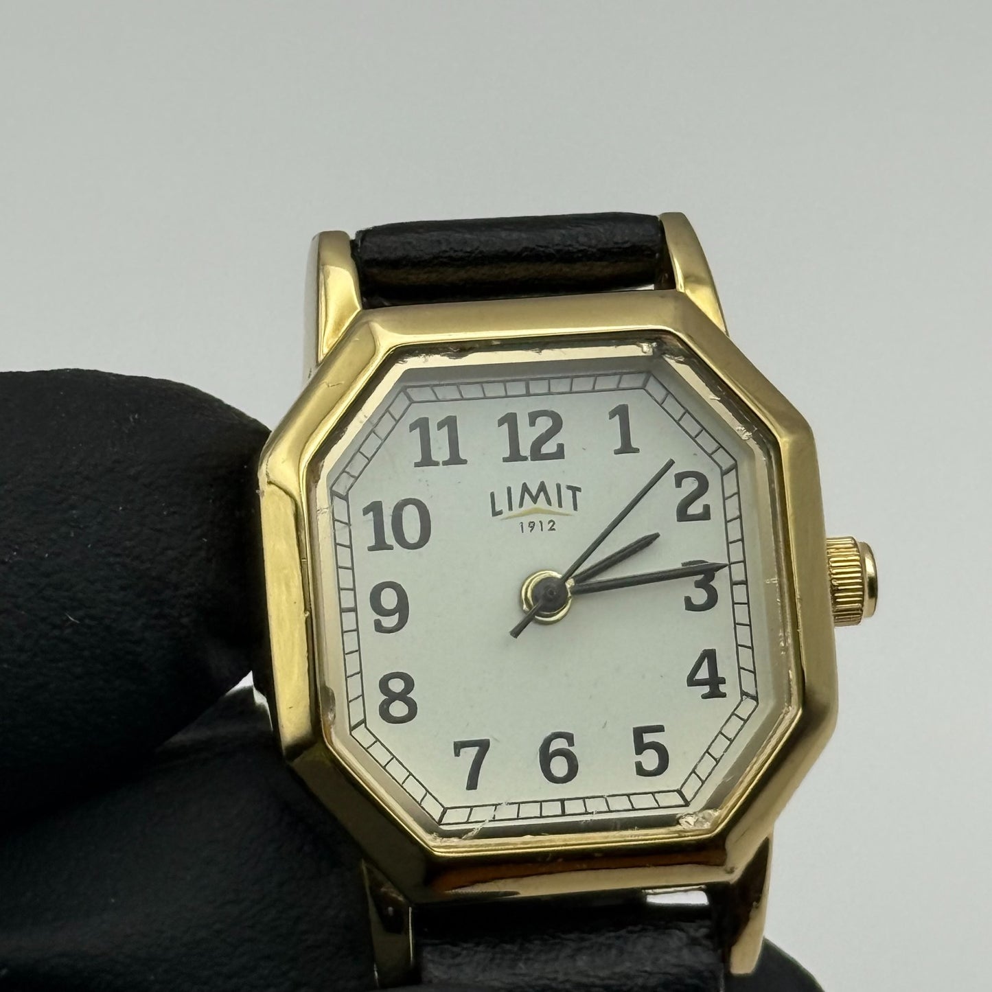 Limit 1912 Ladies Quartz Watch White Dial Black Leather Strap Working 22mm