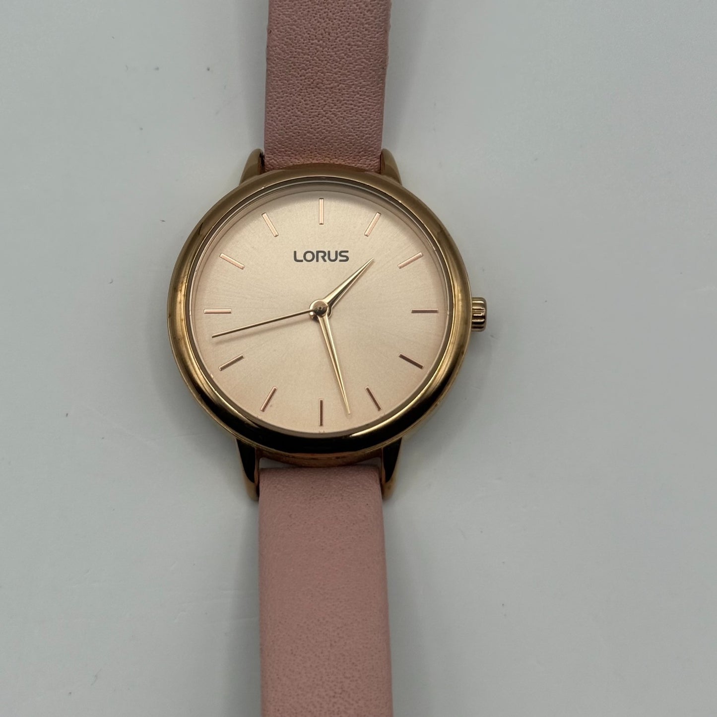 Lorus Ladies Quartz Watch Gold Tone Case Pink Leather Strap Japan Working 30mm