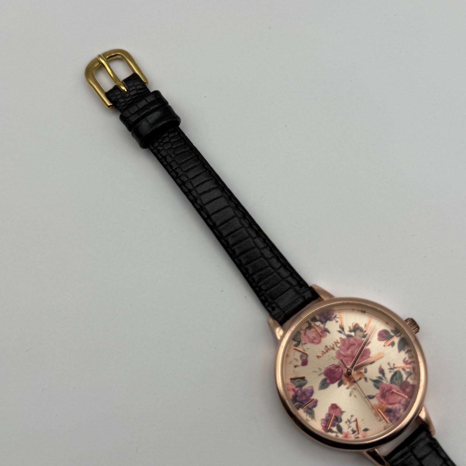 Kahuna Ladies Quartz Watch Floral Dial Black Leather Strap Working 30mm