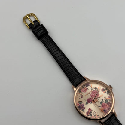 Kahuna Ladies Quartz Watch Floral Dial Black Leather Strap Working 30mm