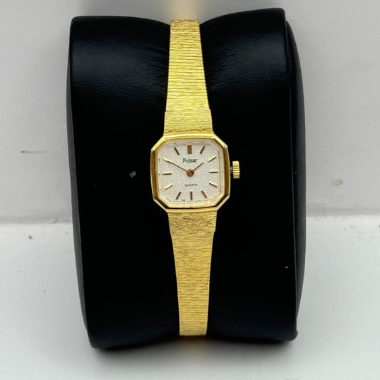 16mm Working Vintage Ladies Pulsar Gold Plated Quartz Watch New Battery 6.2 Inch