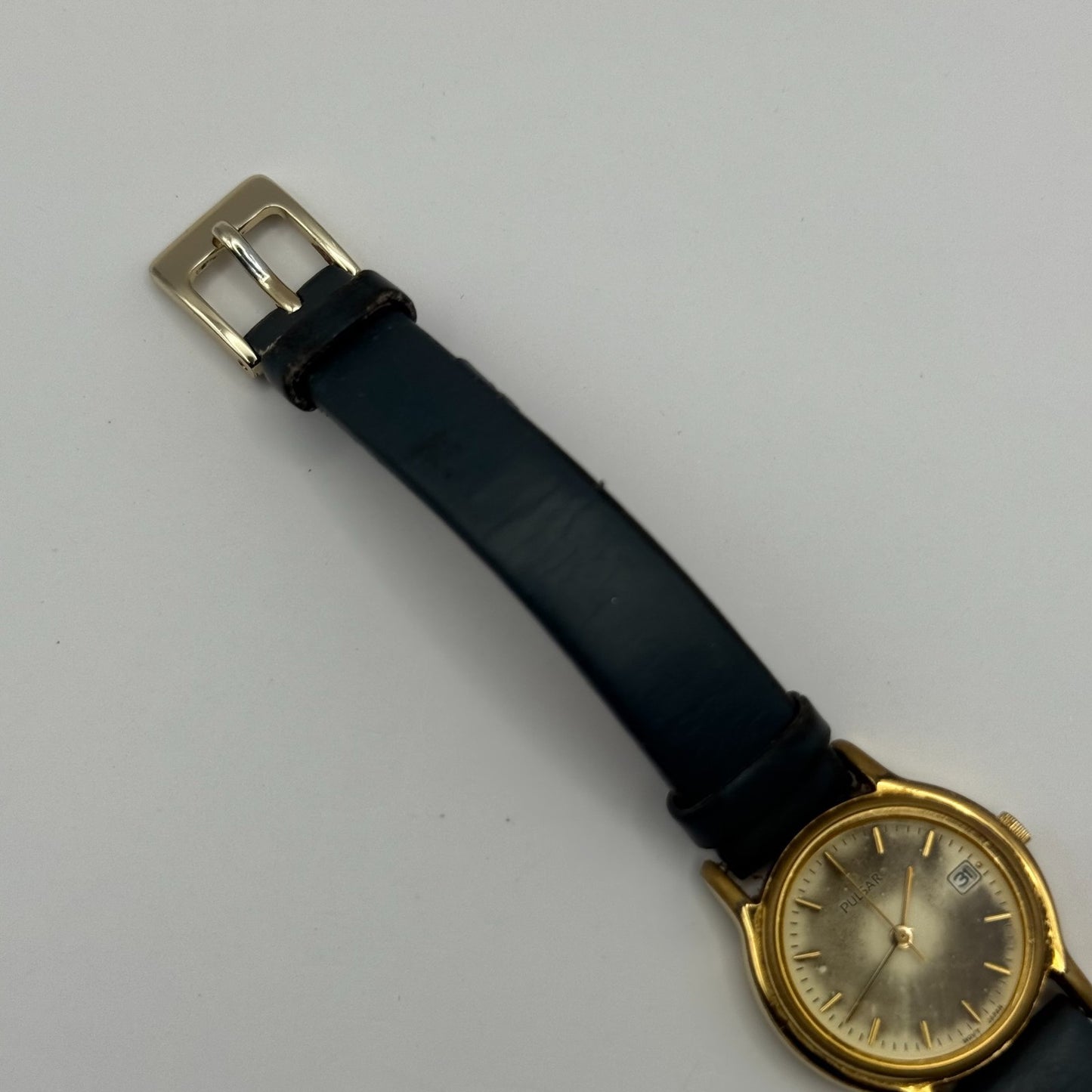 Pulsar Ladies Quartz Watch Date Dial Gold Tone Blue Leather Strap Working 24mm