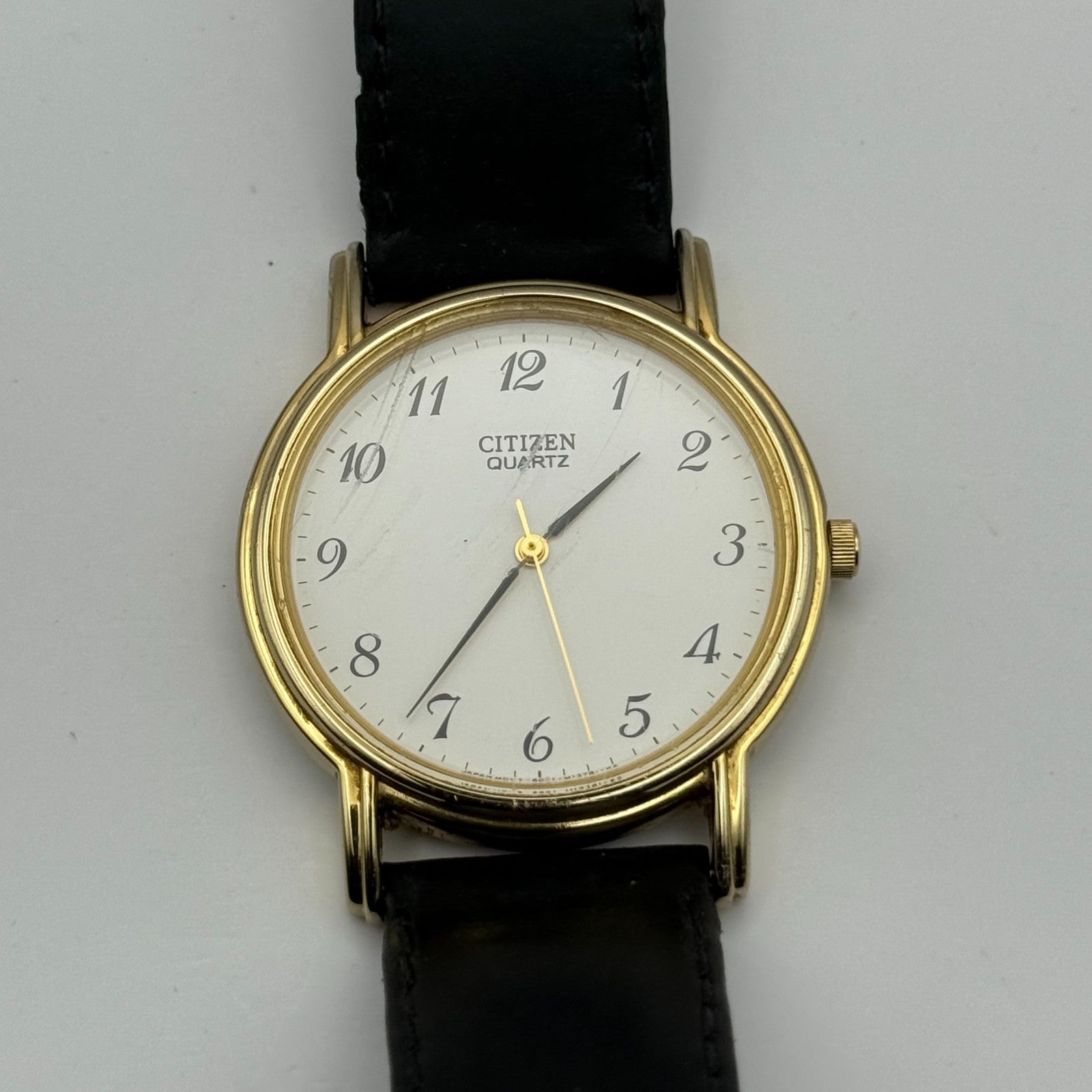 Citizen Ladies Quartz Watch Gold Tone White Dial Black Strap Japan Working 33mm