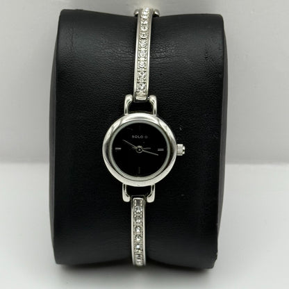 Solo Ladies Quartz Watch Black Dial Rhinestone Accents Bracelet Working 19mm