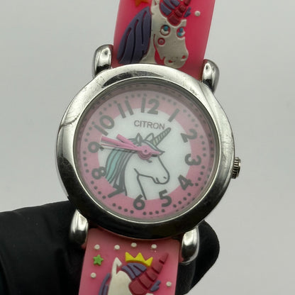 Citron Kids Quartz Watch Unicorn Print Strap Pink Dial Working 27mm New Battery