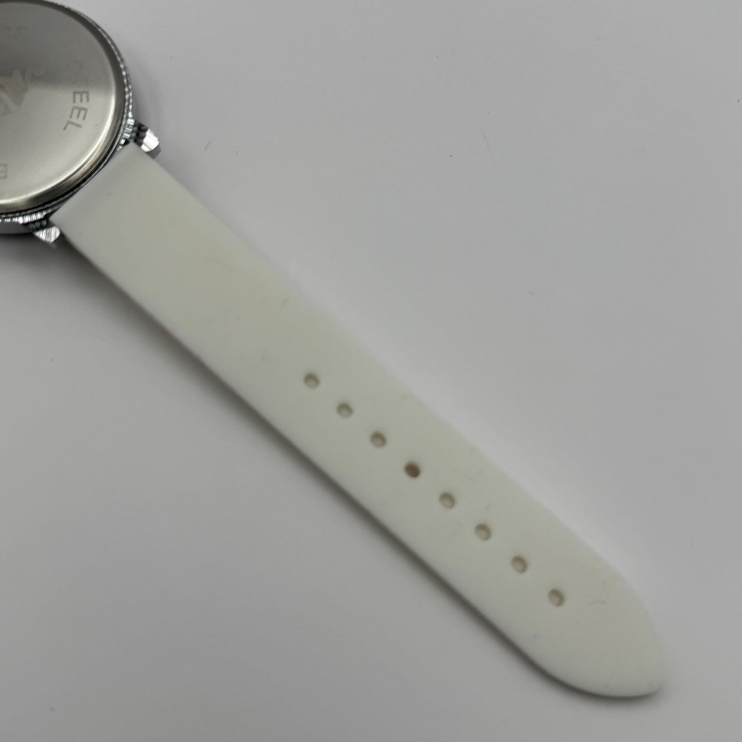 Ladies Fashion Quartz Watch Rhinestone Silver Tone White Strap Working 39mm