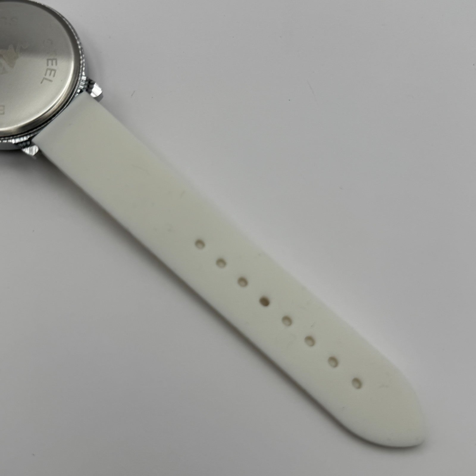 Ladies Fashion Quartz Watch Rhinestone Silver Tone White Strap Working 39mm