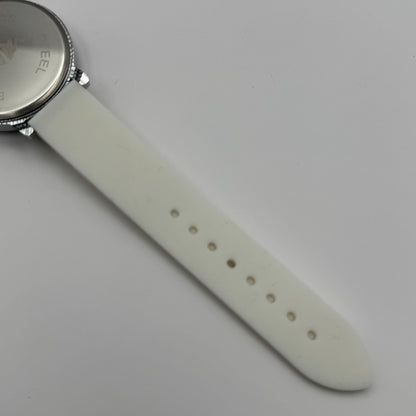 Ladies Fashion Quartz Watch Rhinestone Silver Tone White Strap Working 39mm