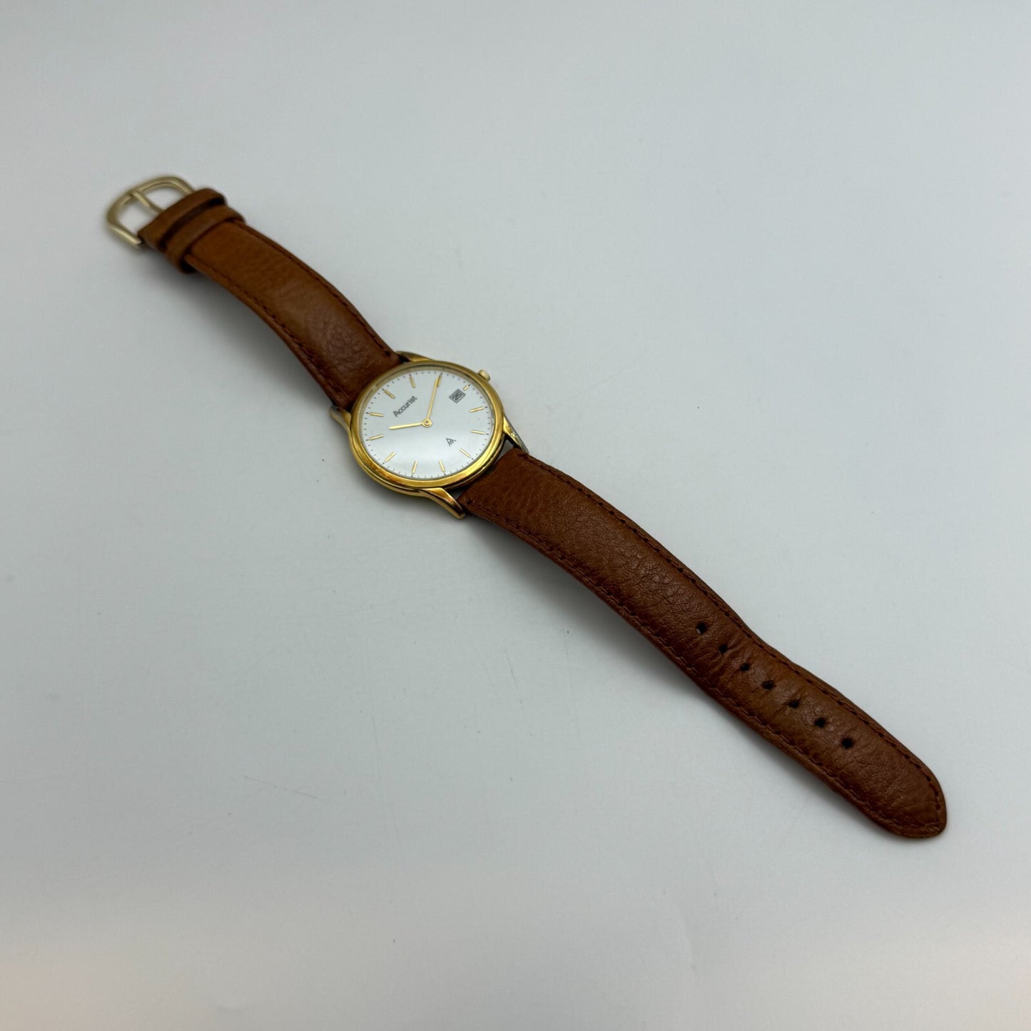 33mm Working Vintage Accurist 404000 Date Dial Leather Quartz Watch New Battery