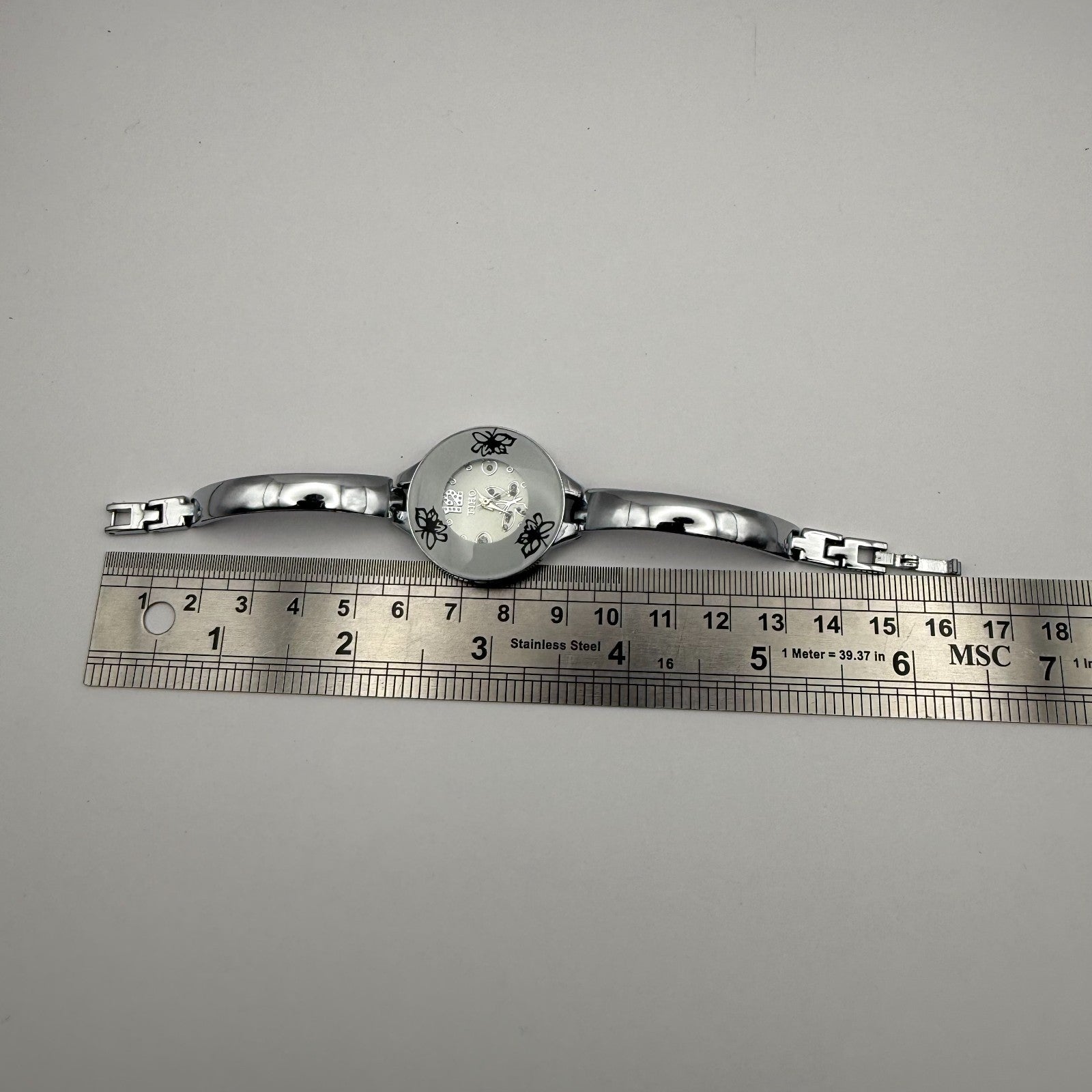 Tiho Ladies Quartz Watch Butterfly Design Dial Silver Tone Bracelet Working 30mm