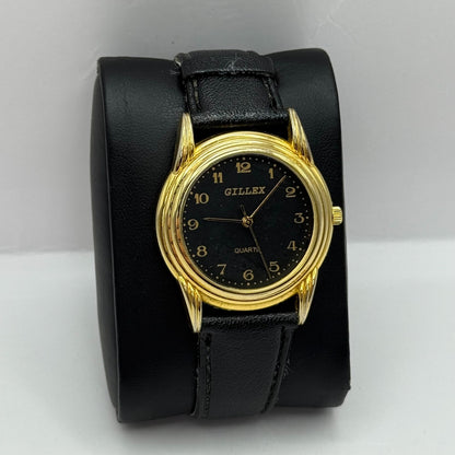 33mm Working Gillex Gold Plated Ladies Black Dial Strap Quartz Watch 6.5 Inches