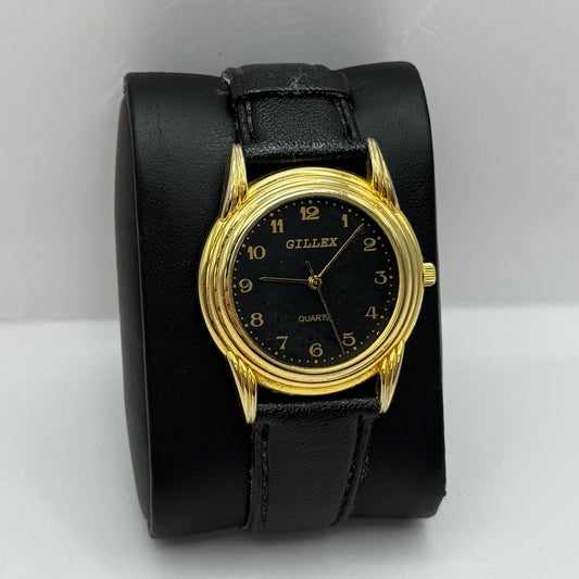 33mm Working Gillex Gold Plated Ladies Black Dial Strap Quartz Watch 6.5 Inches
