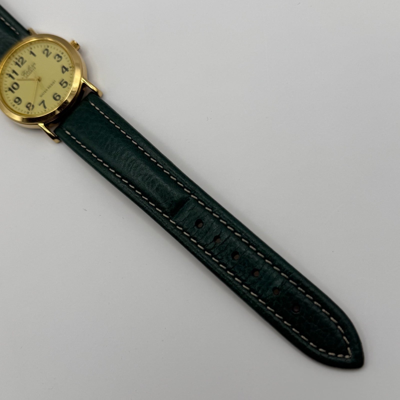 Falcon Ladies Quartz Watch Gold Tone Case Green Leather Strap Working 30mm