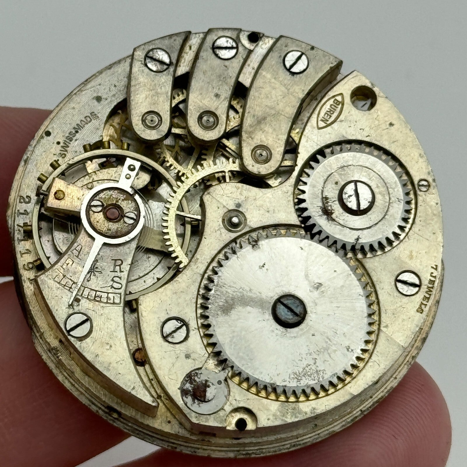 43mm Buren 7 Jewels Sub Seconds Swiss Vintage Hunter Pocket Watch Movement PARTS