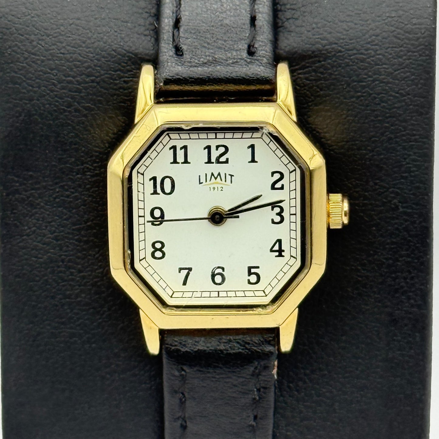 Limit 1912 Ladies Quartz Watch White Dial Black Leather Strap Working 22mm