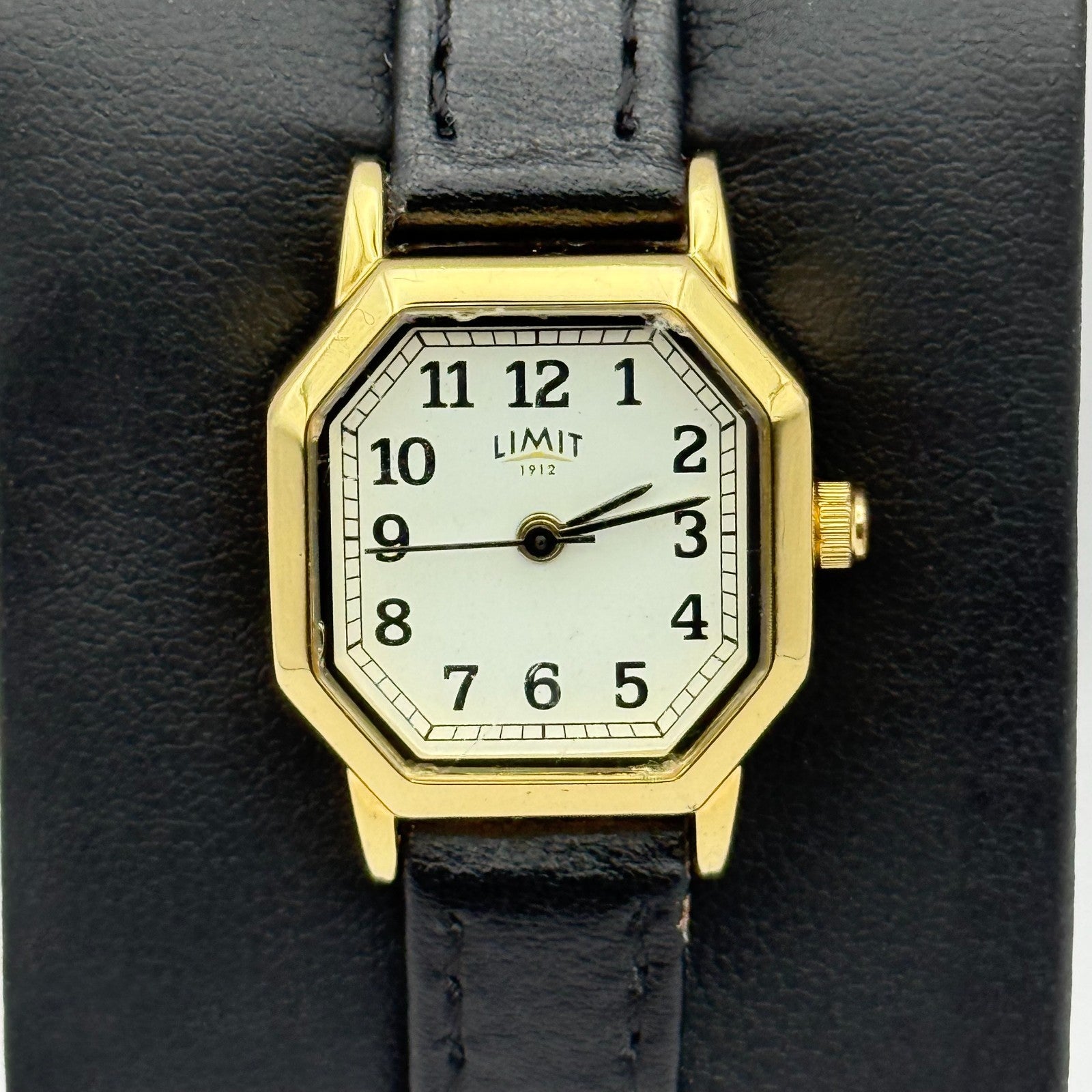 Limit 1912 Ladies Quartz Watch White Dial Black Leather Strap Working 22mm