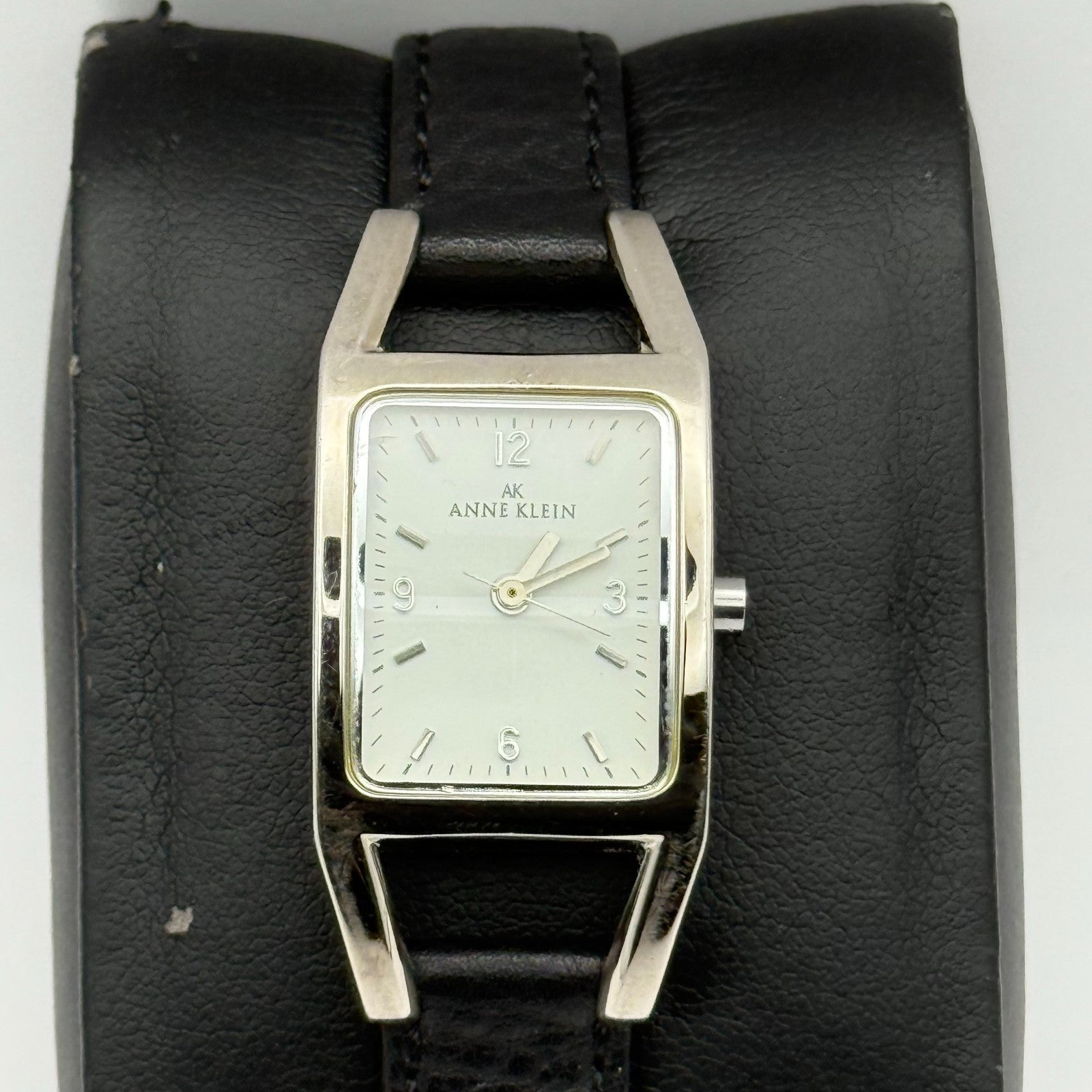 Anne Klein Ladies Quartz Watch White Dial Black Leather Strap Japan Working 18mm