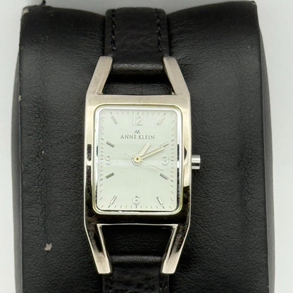 Anne Klein Ladies Quartz Watch White Dial Black Leather Strap Japan Working 18mm