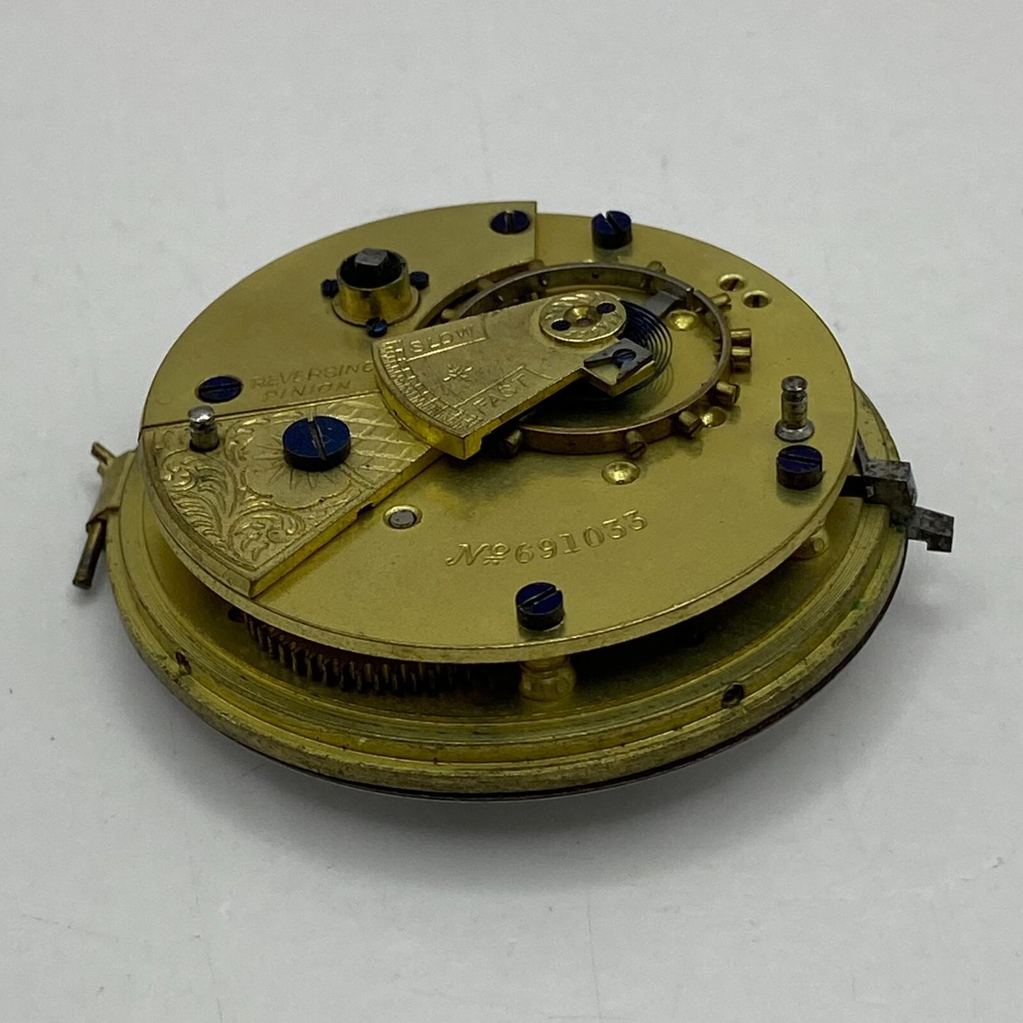 44.6mm Antique Key Wound Reversing Pinion Pocket Watch Movement PARTS REPAIR