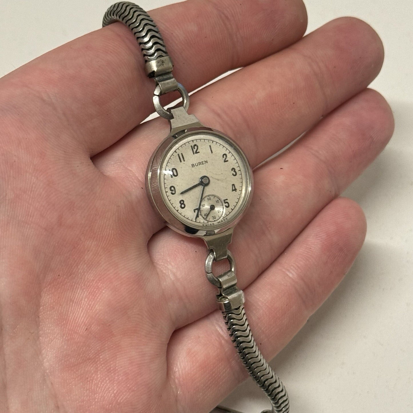 22mm Buren Sub Seconds Netonia Rodium Plated Strap Watch FOR PARTS