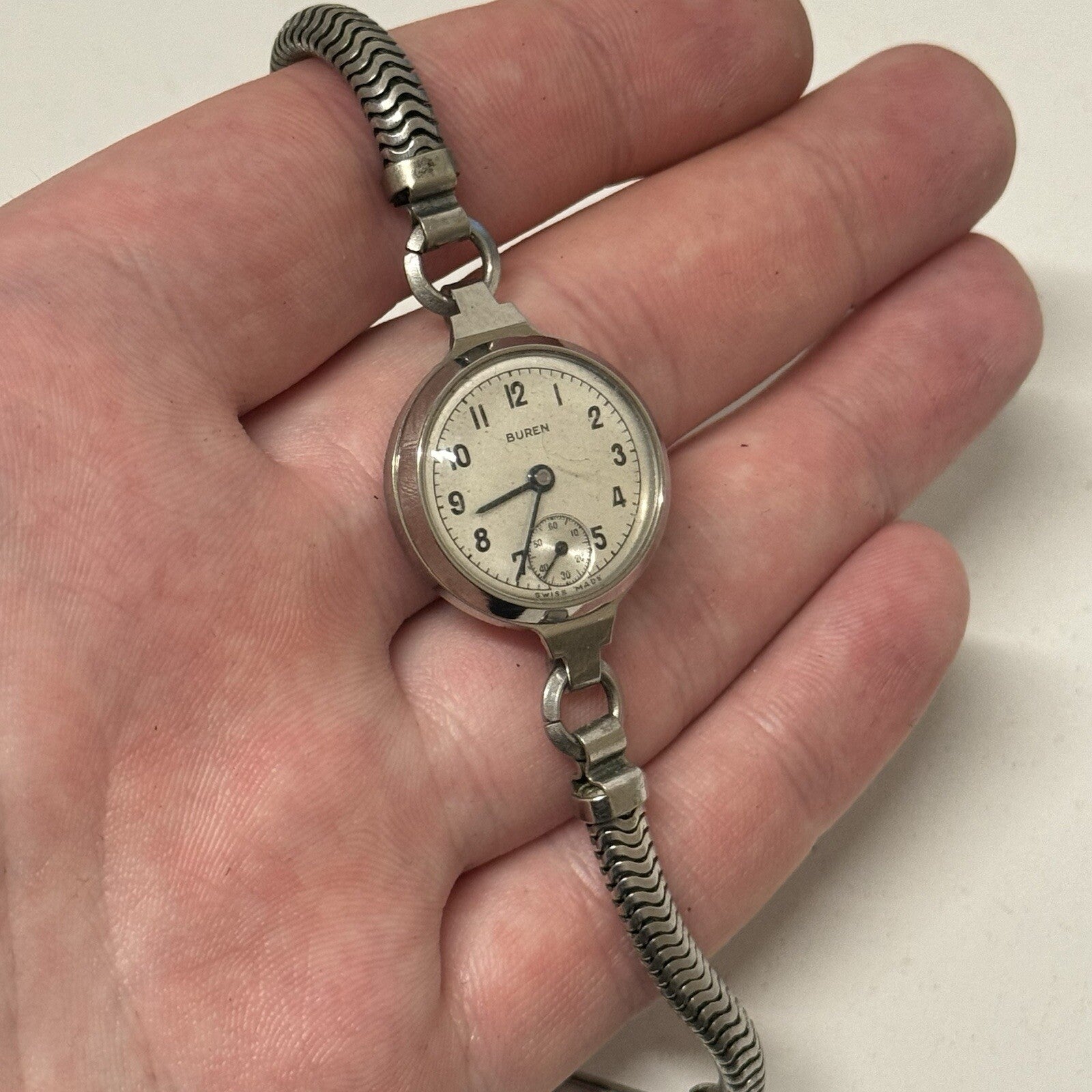 22mm Buren Sub Seconds Netonia Rodium Plated Strap Watch FOR PARTS