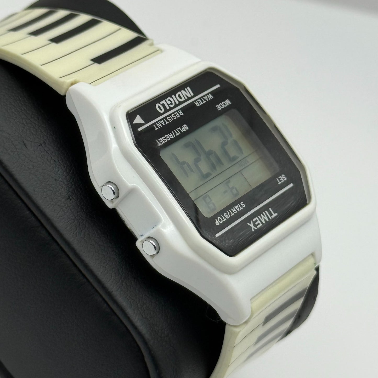 Timex Indiglo Digital Quartz Watch Piano Strap White Black Strap Working 34mm