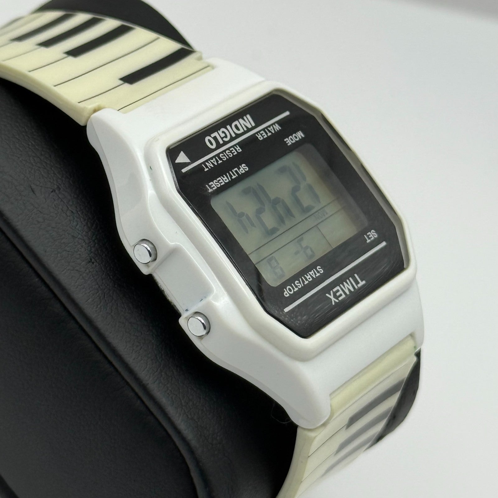 Timex Indiglo Digital Quartz Watch Piano Strap White Black Strap Working 34mm