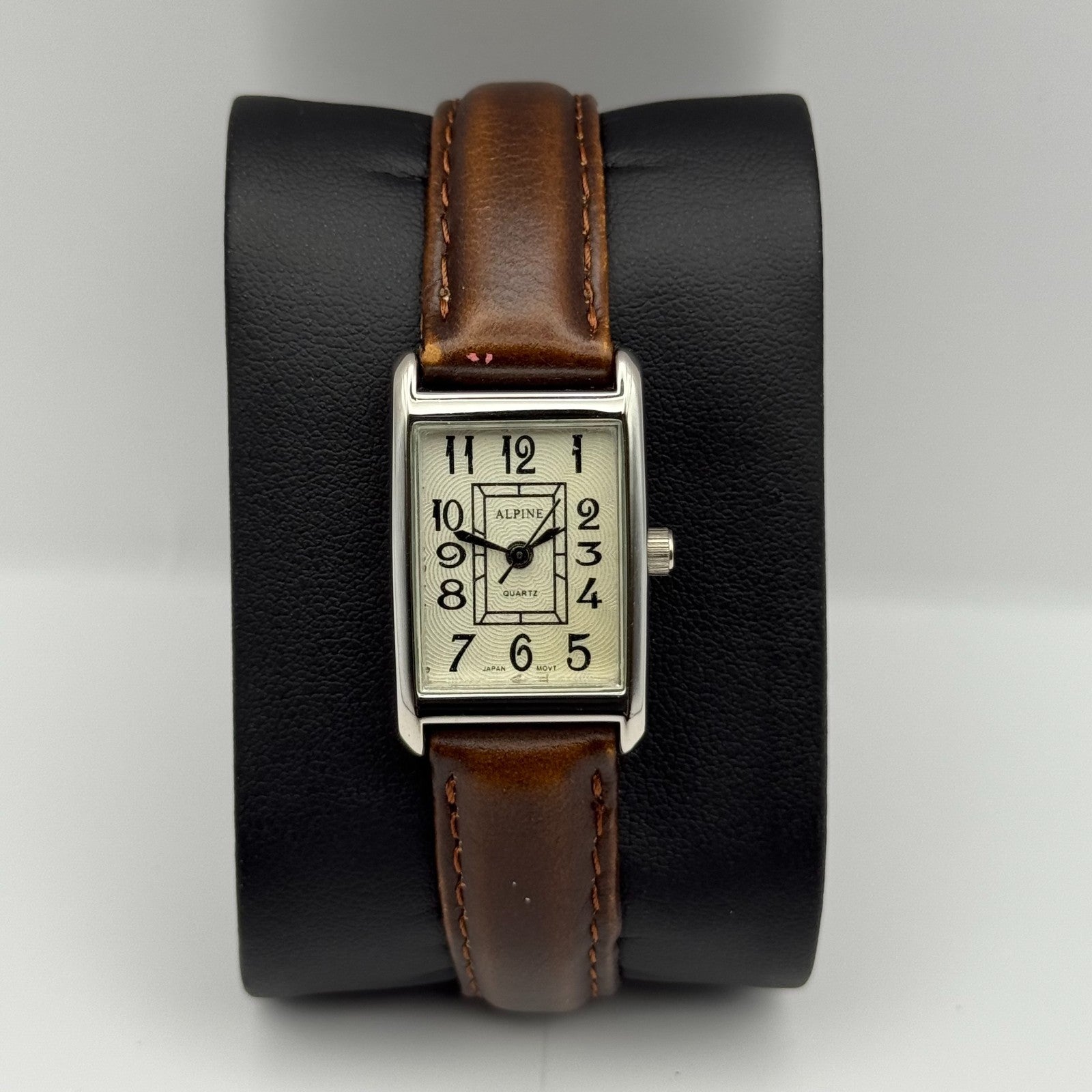 Alpine Ladies Quartz Watch Rectangle Dial Brown Leather Strap Japan Working 18mm