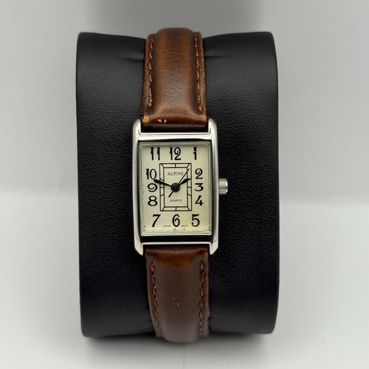 Alpine Ladies Quartz Watch Rectangle Dial Brown Leather Strap Japan Working 18mm