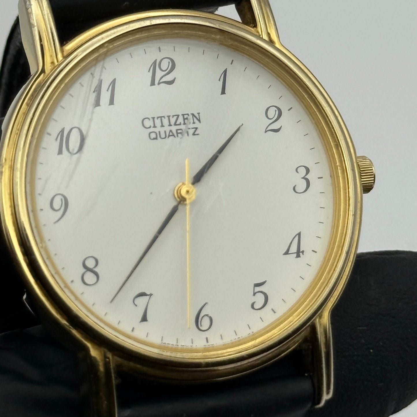 Citizen Ladies Quartz Watch Gold Tone White Dial Black Strap Japan Working 33mm