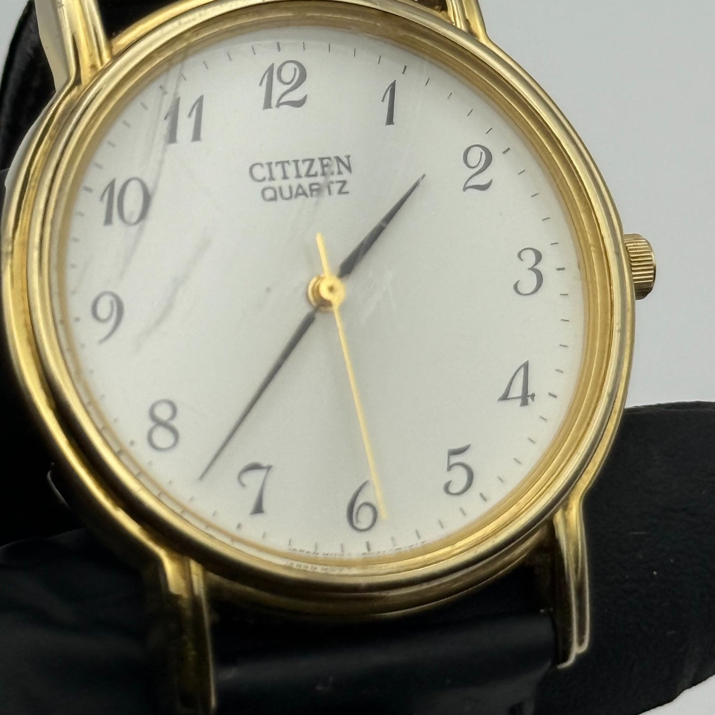 Citizen Ladies Quartz Watch Gold Tone White Dial Black Strap Japan Working 33mm