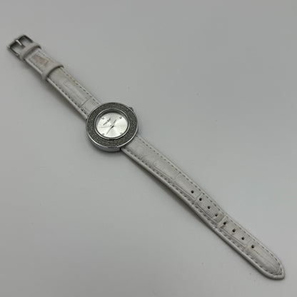 Evoke Ladies Quartz Watch Silver Dial Glitter Bezel White Strap Working 30mm