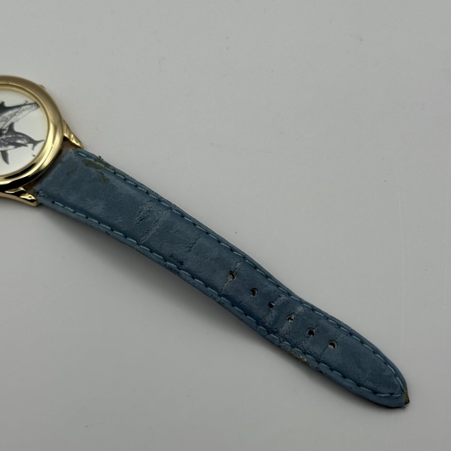 Citron Ladies Quartz Watch Dolphin Dial Gold Tone Blue Strap Working 35mm