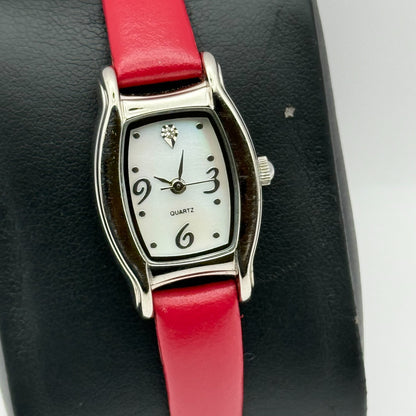 Avon Ladies Quartz Watch Mother of Pearl Dial Red Leather Strap Working 20mm