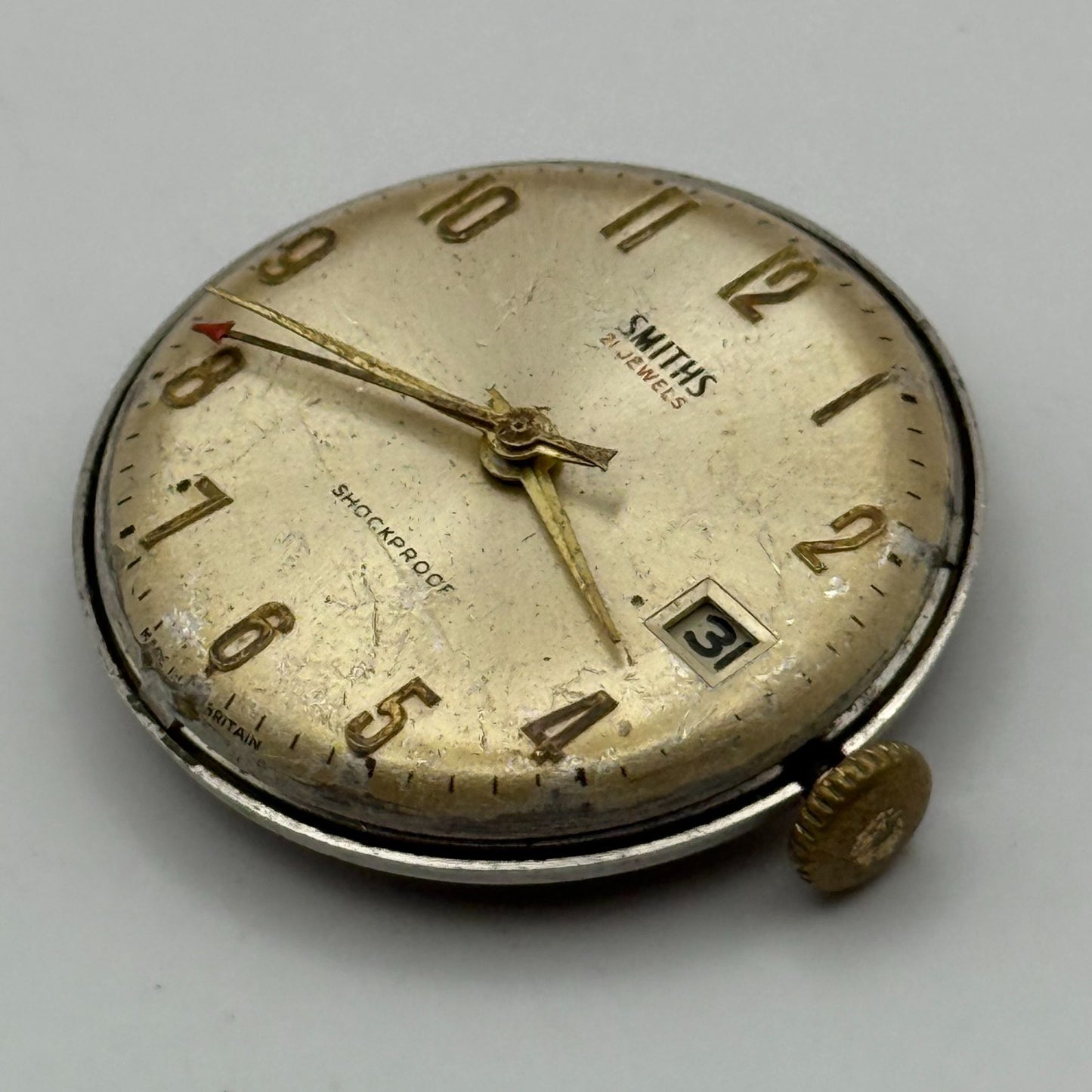 Smiths 21 Jewels Date Pointer Watch Movement Manual Wind Vintage Parts 30.4mm