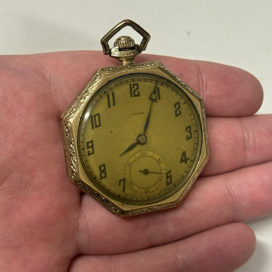 43mm WORKING Vintage Gold Filled York Octagonal Nawco Challenge Pocket Watch